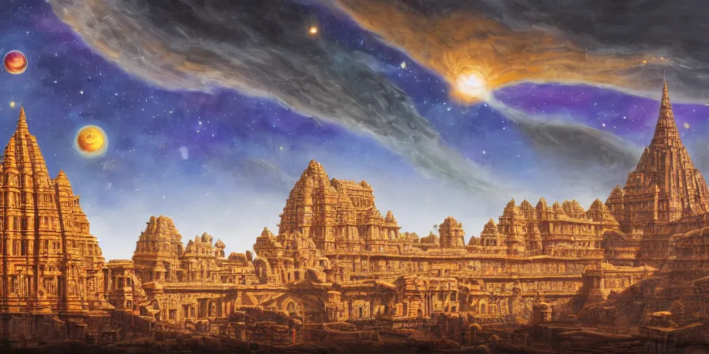 Image similar to fantasy oil painting, mega structure city, indore, kailasa temple, ellora, angkor wat, hybrid, looming, small buildings, warm lighting, street view, overlooking, interstellar space port launching dock, epic, distant mountains, bright clouds, luminous sky, cinematic lighting, michael cheval, david palladini, artstation, oil painting, natural tpose