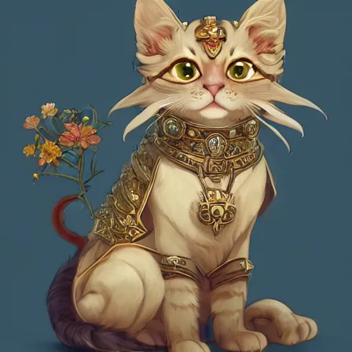 Image similar to A heraldic queen kitty cat with big cute eyes and her paw raised like a maneki-neko and flowers around, D&D, fantasy, intricate, cinematic lighting, highly detailed, digital painting, artstation, concept art, smooth, sharp focus, illustration, art by Akihiko Yoshida, Greg Rutkowski and Alphonse Mucha