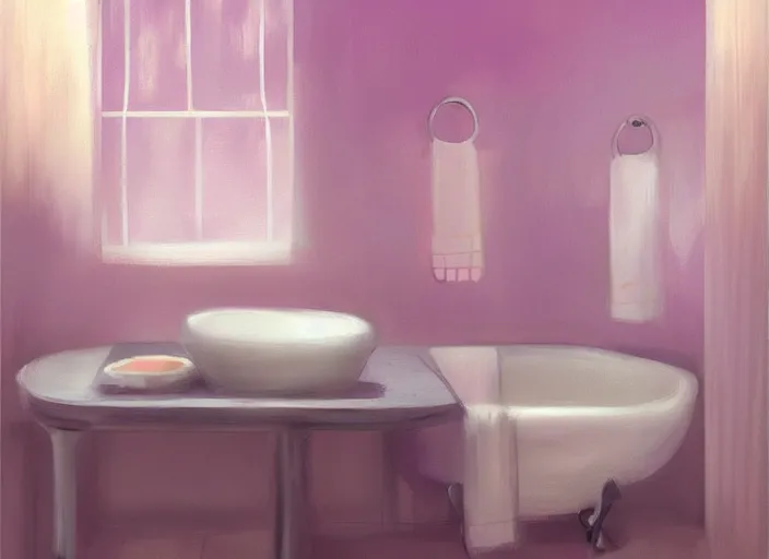 Prompt: placid pastel morning cute painterly fluffy bathroom trending on pixiv