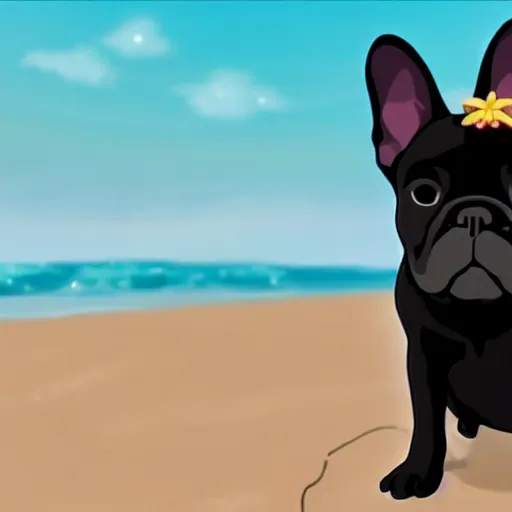 Prompt: black french bulldog in the beach, studio ghibli