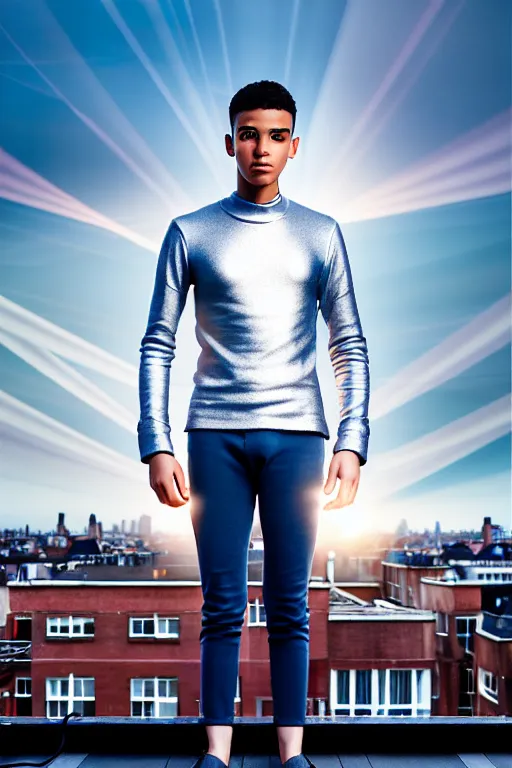 Image similar to un ultra high definition studio quality photographic art portrait of a young man standing on the rooftop of a british apartment building wearing soft padded silver pearlescent clothing. three point light. extremely detailed. golden ratio, ray tracing, volumetric light, shallow depth of field. set dressed.