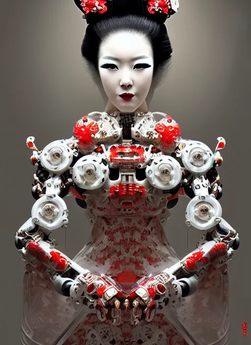 Image similar to portrait of a organic seductive cybernetic latex geisha mecha, imari, modern fine art, fractal, in the style of ghosts in the machine, intricate ornaments, elegant, highly detailed, digital photography, subsurface scattering, by greg rutkowski,