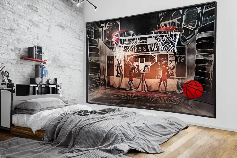 Prompt: teenager bedroom in industrial style, street art basketball decorated wall, futuristic ambiance, gamer screen on metallic desk, cyber, intricate, very detailed, soft lighting, 8 k hd