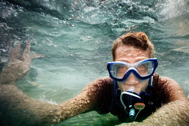 Prompt: closeup potrait of a man snorkeling underwater in flooded amsterdam, photograph, natural light, sharp, detailed face, magazine, press, photo, Steve McCurry, David Lazar, Canon, Nikon, focus