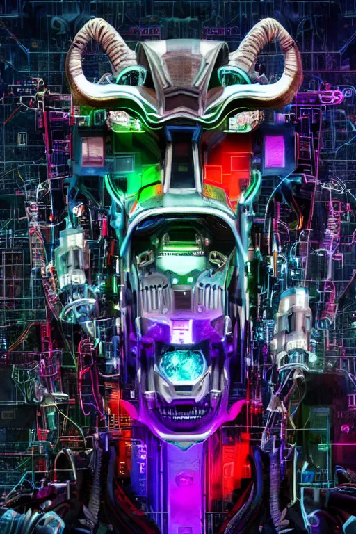 Image similar to giant imposing complex machine with evil cybernetic goat head at helm, multicolored, cyberpunk