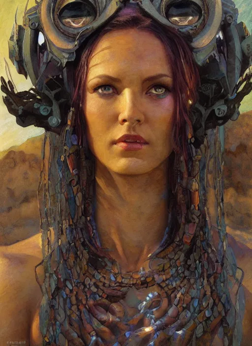 Prompt: biblical shy beautiful female druid android, heavy eyes to the side, closeup, bright glowing veins, in clouds, sunset, portrait, by gerald brom, by mikhail vrubel, by peter elson, muted colors, extreme detail, reflections, trending on artstation, 8 k