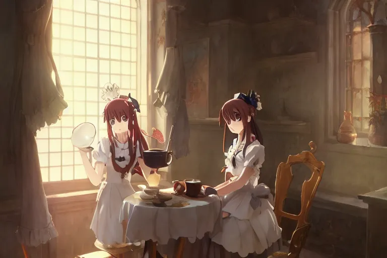 Image similar to anime key visual concept art of anime maid pouring tea gracefully, medieval european style noble manor interior, trending on artstation, brush strokes, oil on canvas, style of kawacy and makoto shinkai and greg rutkowski and studio ghibli