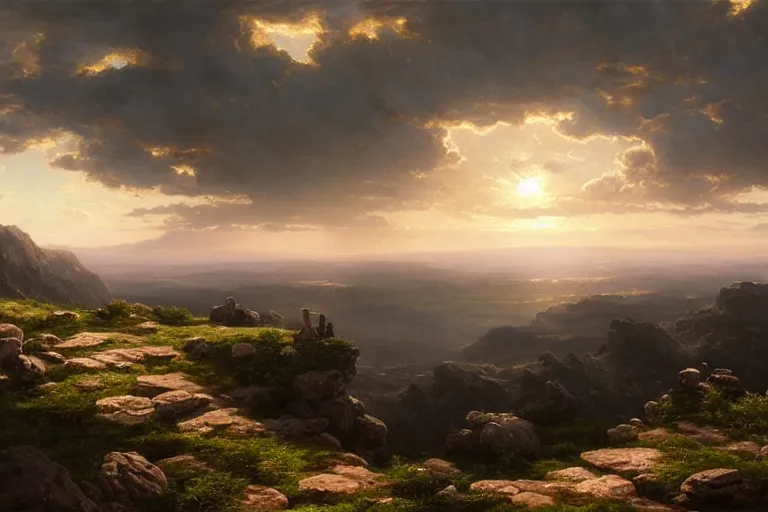 Image similar to view on top of a rocky hill overlooking a large valley, at dusk, very detailed moody, matte painting, volumetric lighting, rocky, stunning detail, 4k, hd, clean, full of detail, sharp focus, rule of thirds by Makoto Shinkai, albert bierstadt, thomas moran, Karol Bak, trending on artstation