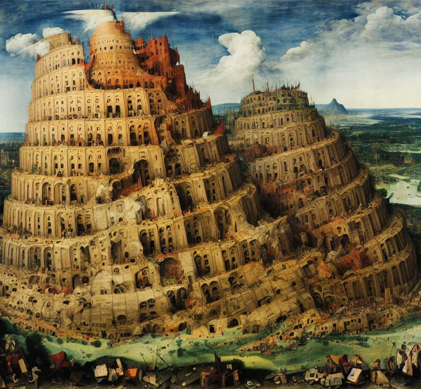 Image similar to the tower of babel after it collapses into rubble, hit by an explosion, by pieter breugel the elder