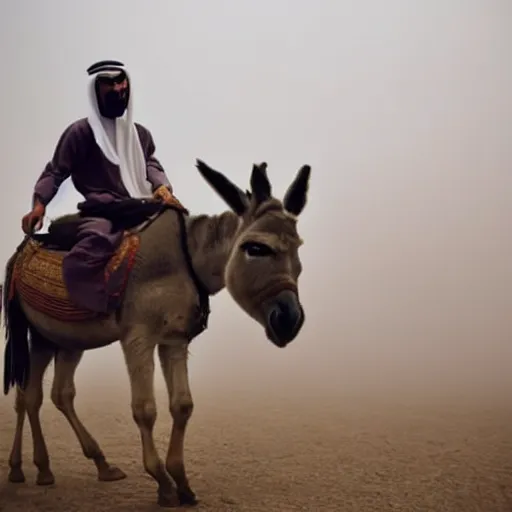 Prompt: an Arab riding a donkey and travelling to the Heavens, foggy vibe