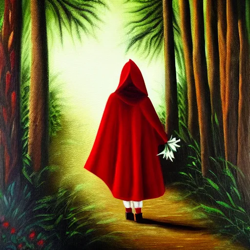 Image similar to oil painting of little red riding hood walking through a dark forest, flanked by brugmansia suaveolens trees with beautiful white flowers, scary