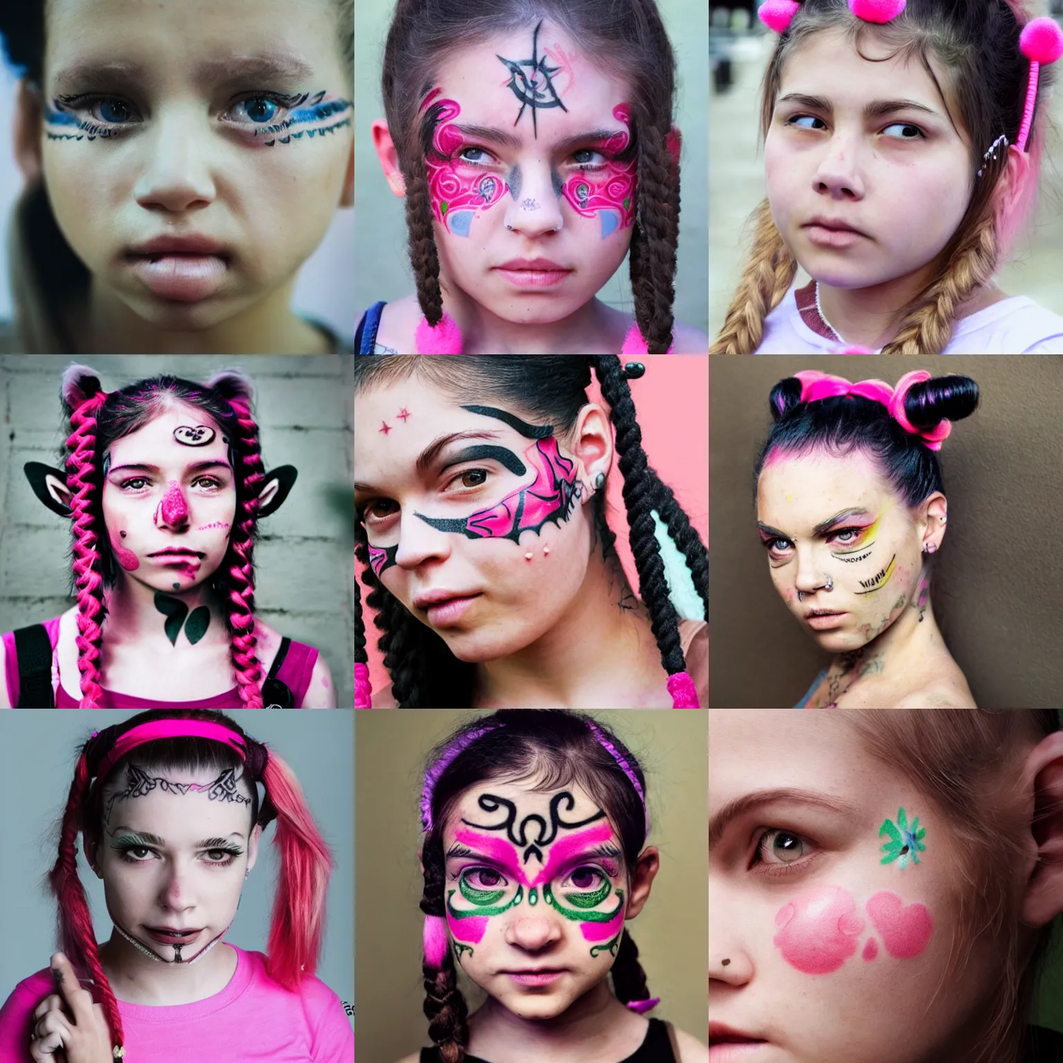 Prompt: a girl with pink pigtails, and face tattoos, HD, photorealistic