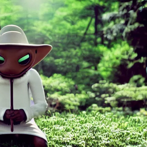 Image similar to cinematic film still of Pharrell Williams Making A Beat with an anthropomorphic alien, Japanese VFX, 2018, 400mm lens, f1.8, shallow depth of field,film photography