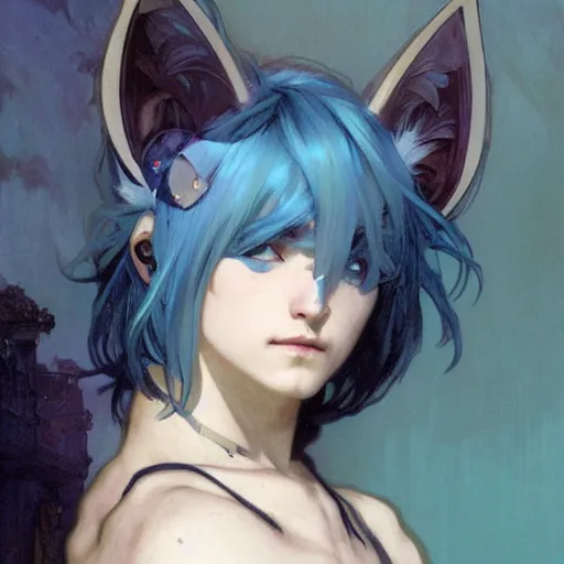 Image similar to Portrait of a pretty fantasy catboy with blue hair and cute small cat ears. Art by Greg Rutkowski and Alphonse Mucha