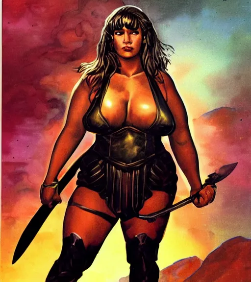 Image similar to 1 9 8 0 s fantasy novel book cover, bbw plus size amazonian rashida jones in extremely tight bikini armor wielding a cartoonishly large sword, exaggerated body features, dark and smoky background, low quality print