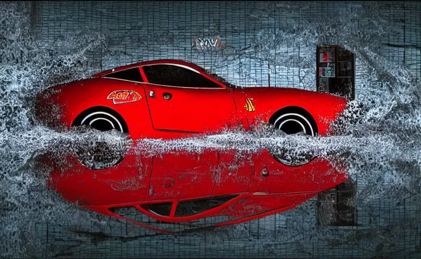 Image similar to lightning mcqueen from cars in a flooded fractal hallway, romance novel cover, in 1 9 9 5, y 2 k cybercore, low - light photography, still from a ridley scott pixar movie