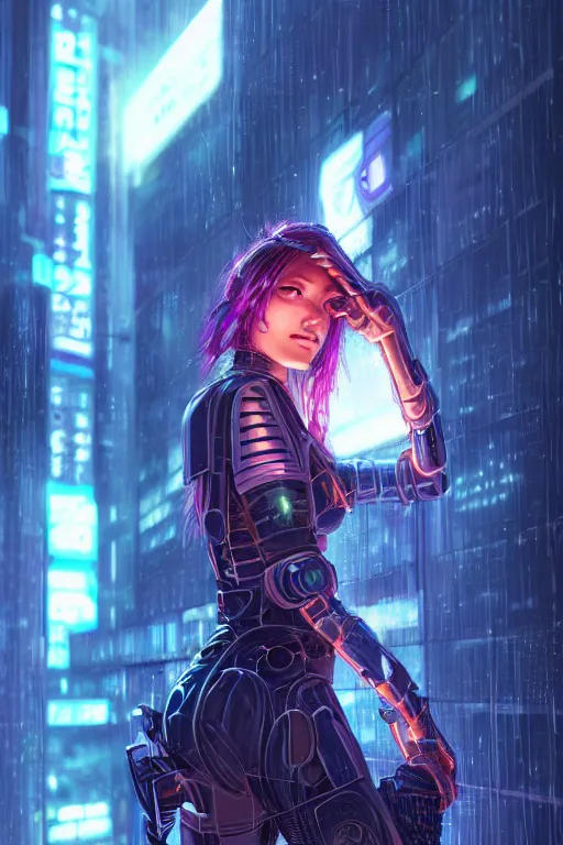 Image similar to portrait futuristic tawny cyberpunk young female Paladin, in futuristic heavily raindrop tokyo rooftop cyberpunk night, ssci-fi, fantasy, intricate, very very beautiful, elegant, neon light, highly detailed, digital painting, concept art, human anatomy, soft light, hdri, smooth, sharp focus, illustration, art by tian zi and craig mullins and WLOP and alphonse mucha