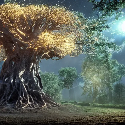 Image similar to full body pose, hyperrealistic photograph of the tree of life, dim volumetric lighting, 8 k, octane beautifully detailed render, extremely hyper detailed, intricate, epic composition, cinematic lighting, masterpiece, trending on artstation, very very detailed, stunning, hdr, smooth, sharp focus, high resolution, award, winning photo, dslr, 5 0 mm