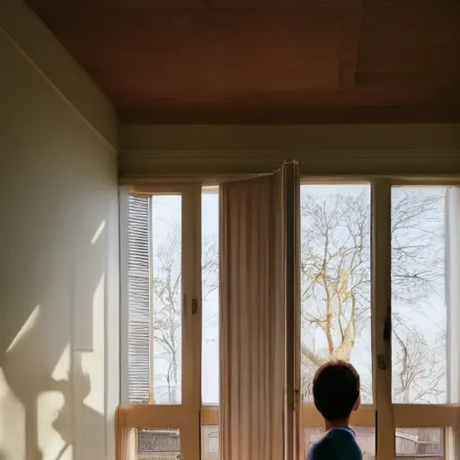 Image similar to person in pyjamas standing near window, sun rays, daylight, big french door window, big spatious room, 2 4 mm, wooden floor, modern, pastel palette, winter sun, photorealistic, high ceiling, watercolor painting