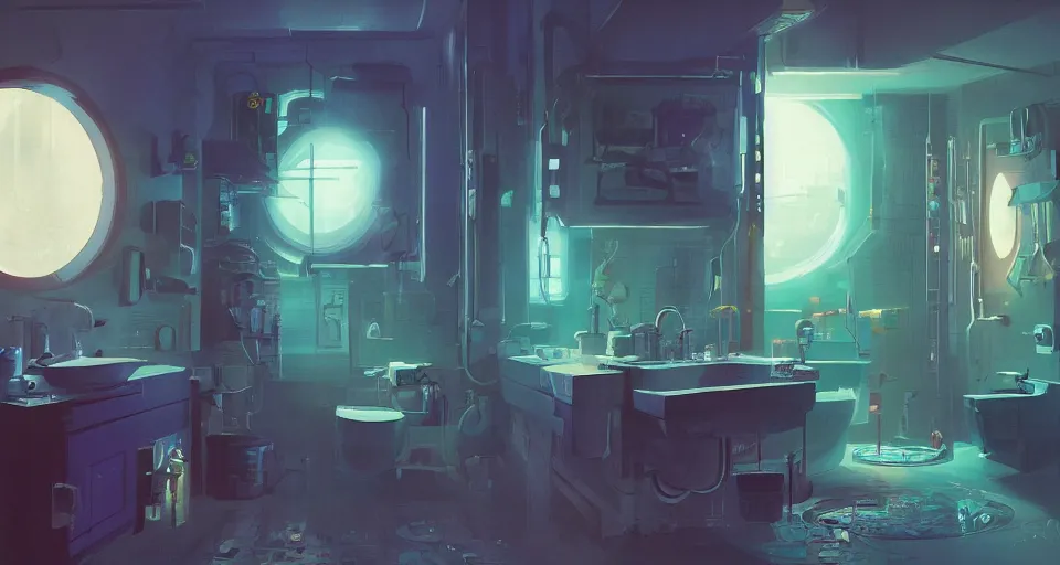 Image similar to IKEA catalogue photo of a cyberpunk bathroom, by Paul Lehr, 8k, HD, realistic, cinematic, artstation, details