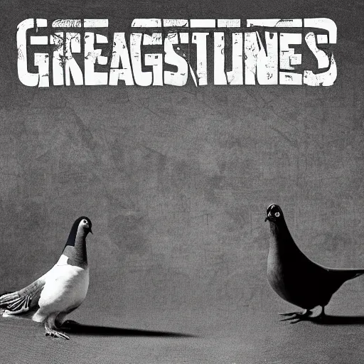 Prompt: gangsta pigeons on a hiphop album cover, black and white, wide angle