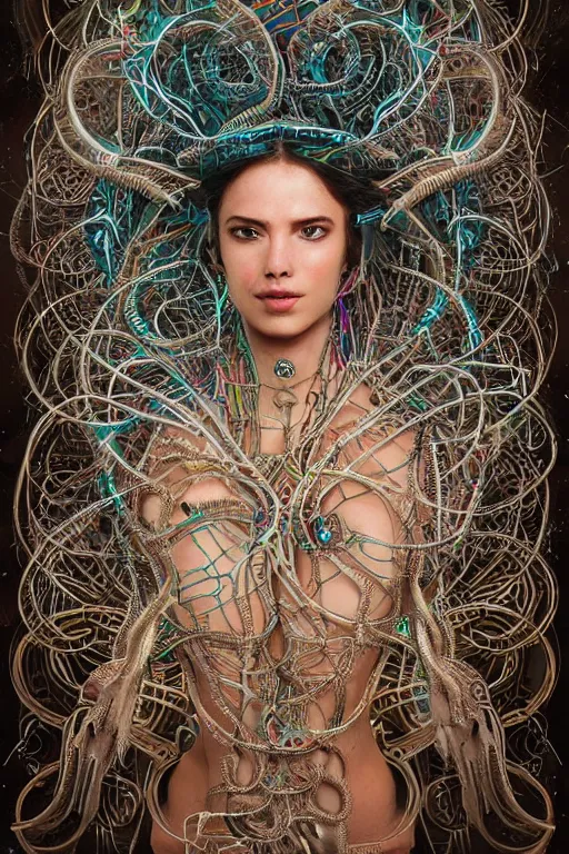 Image similar to an immaculate render of a dancing mystical tribal goddess adorned with robotic scrap and cables and synthesizer parts is surrounded by wild tentacles made from mandalas and incense smoke, full body, perfect face, powerful, cinematic, beautifully lit, by artgerm, by karol bak, 3 d, trending on artstation, octane render, 8 k