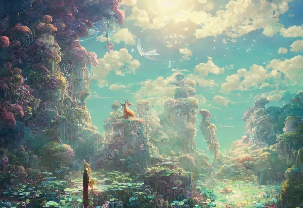 Image similar to the beautiful hyper detailed scene render lonely single beautiful huge rat confronts huge iridescent dragonfly alone in fairyland surrounded by white clouds, in the style of makoto shinkai victo ngai and peter mohrbacher studio ghibli artgerm karol bak beeple, cinematic, beautiful face, psychedelic, animation style, 8 k hd, ultra wide angle