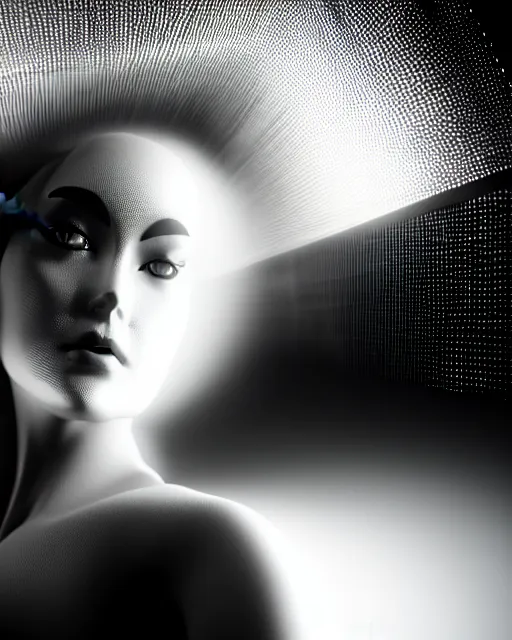 Image similar to black and white high quality photo of a female AI-queen-dragon-meshes-cyborg looking into a sci-fi mirror, volumetric lighting, brutalism, foggy, dreamy, hyperdetailed, bokeh, photorealistic, cinematic, masterpiece, elegant, dark, in the style of Horst P. Horst, octane render, 8K,