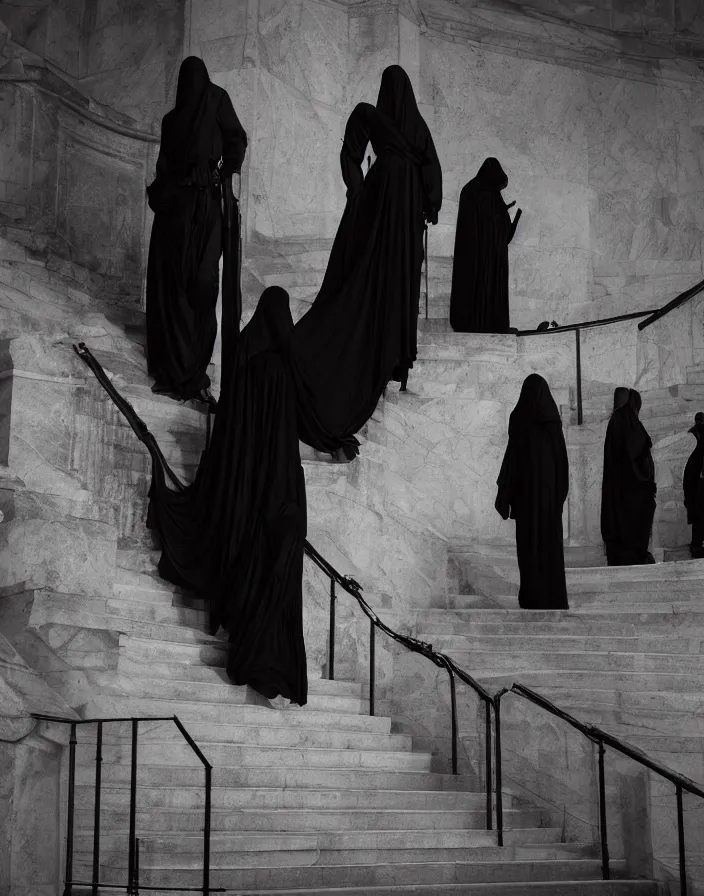 Prompt: several ritualistic figures shrouded in a long trailing dark black opaque gown, descending in tandem down a giant marble staircase in a dark room, photorealism, hyperrealism, harsh lighting, dramatic lighting, medium shot, serious, gloomy, foreboding, cinematic, creepy