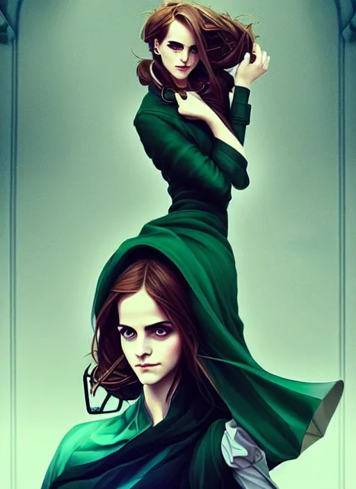 Image similar to style artgerm, joshua middleton, emma watson with green dress, very long blue hair, symmetrical face, symmetrical eyes, steampunk western gunslinger with monocle, cinematic lighting