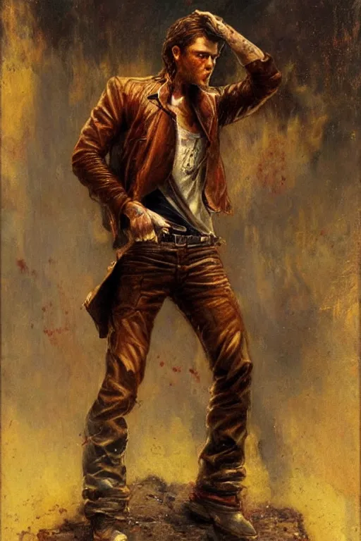 Image similar to a thirty - five year old contract killer named cobalt. he wears a brown leather jacket with a bloody white t - shirt tucked into his jeans. art by gaston bussiere.