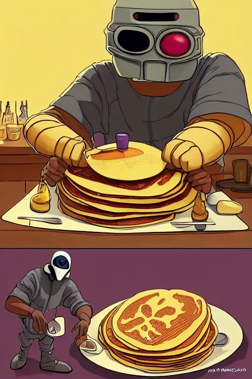 Image similar to mf doom making pancakes, animation pixar style, by pendleton ward, magali villeneuve, artgerm, rob rey and kentaro miura style, golden ratio, trending on art station