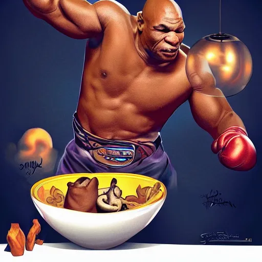 Prompt: mike tyson hungrily reaching into a bowl full of magic mushrooms, artgerm, artstation