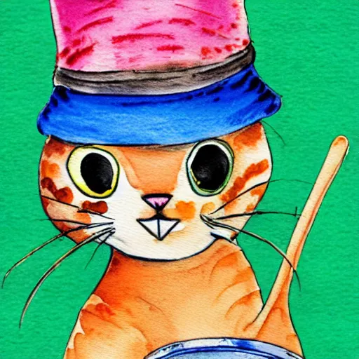 Prompt: a cat wearing a bucket hat and a hawaii shirt, children\'s book watercolor illustration