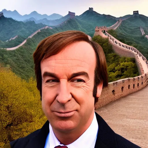 Prompt: saul goodman next to the great wall of china, hyper realistic, smooth lighting, mid shot