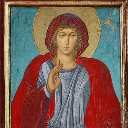 Image similar to realistic medieval painting portrait of white angel with clean narrow face like noface, 3 / 4, miracle light coming up from the head up and up, misty space, grace and blessing, by theophanes the greek, by andrei rublev, renaissance, christianity, marble stone, glow effect, white background