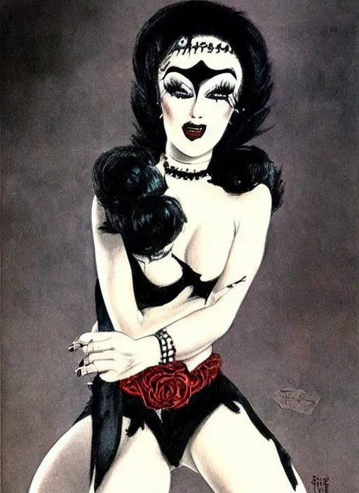 Prompt: of a goth girl burlesque psychobilly punk, detailed face, white background, drawing, zoomed - out, full body, illustration by frank frazetta