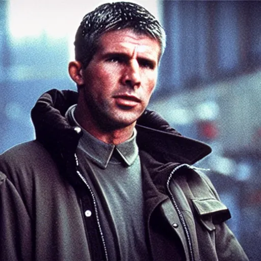 Image similar to film still blade runner Officer Deckard wearing techwear