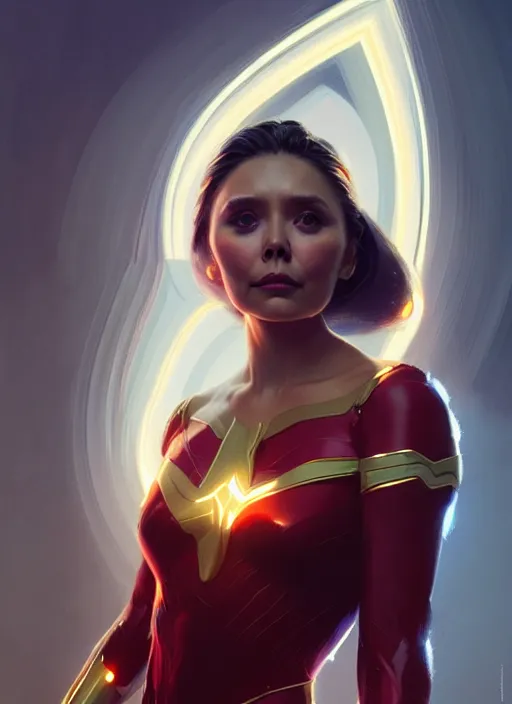 Image similar to portrait of modern darna, elizabeth olsen, intricate, elegant, glowing lights, highly detailed, digital painting, artstation, glamor pose, concept art, smooth, sharp focus, illustration, art by wlop, mars ravelo and greg rutkowski