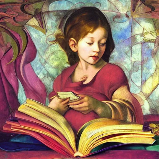 Prompt: an enchanted beautiful child reading books, portraied inside a futuristic maximalist hyperdetailed room. in the style of Caravaggio, Michelangelo, Paul Gauguin, with flemish baroque vibrant shiny maximalist 3d textures in soft pastel tones. matte background. HD 8x