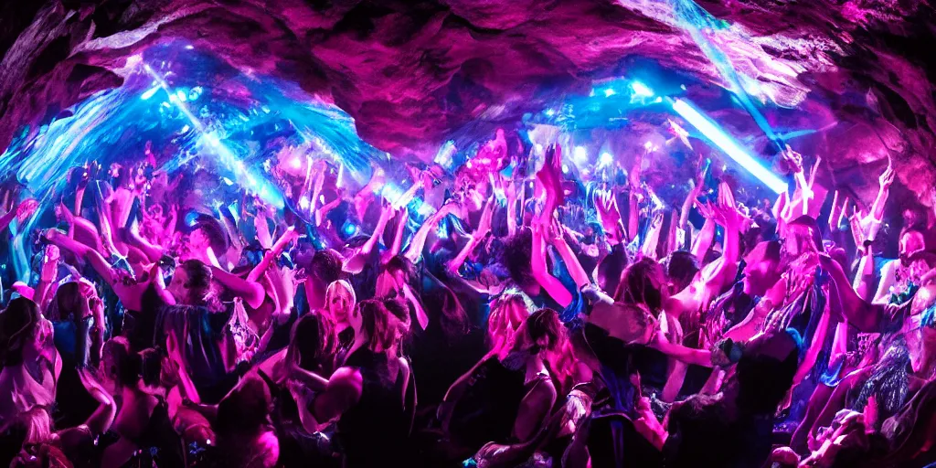 Prompt: cinematic shot of a goth disco nightclub in a cave, sphere of knives made of pink lasers and blue crystals, people dancing, 8k photo, award winning, masterpiece