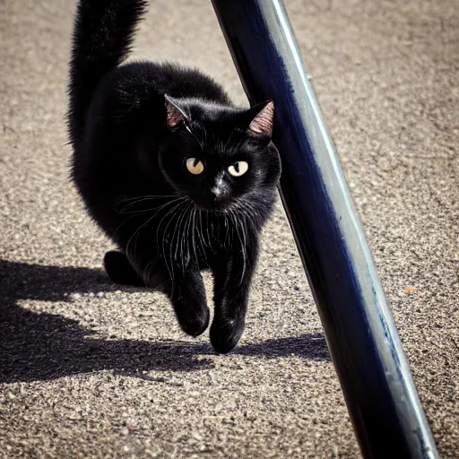 Prompt: black cat sliding down a metal pole
