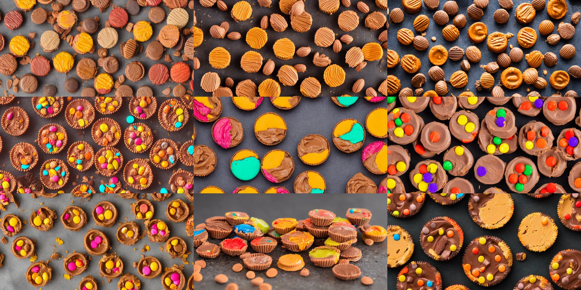 Prompt: food photography, assorted multi-colored reese's peanutbutter cups