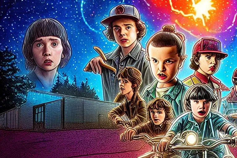 Image similar to film still from stranger things 5, an animated cartoon by walt disney