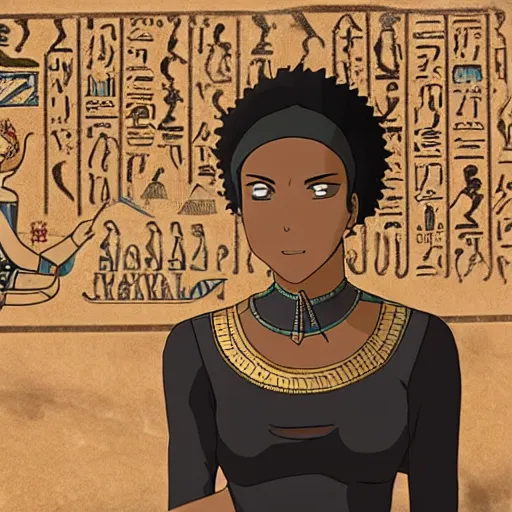 Prompt: A anime still of a portrait of a black woman with ancient egypt ruins as background