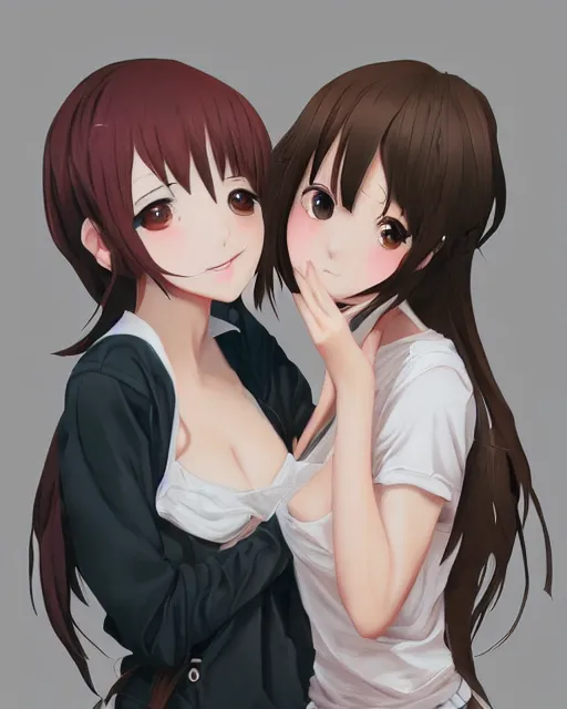 Image similar to portrait of two girls kissing, anime, drawn by WLOP, trending on Artstation