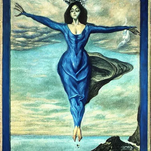 Prompt: Alcina Dimitrescu levitating over the sea. El Greco, Remedios Varo, Salvador Dali, Carl Gustav Carus, John Atkinson Grimshaw. Blue tint. Symetrical, logo, geometric shapes.