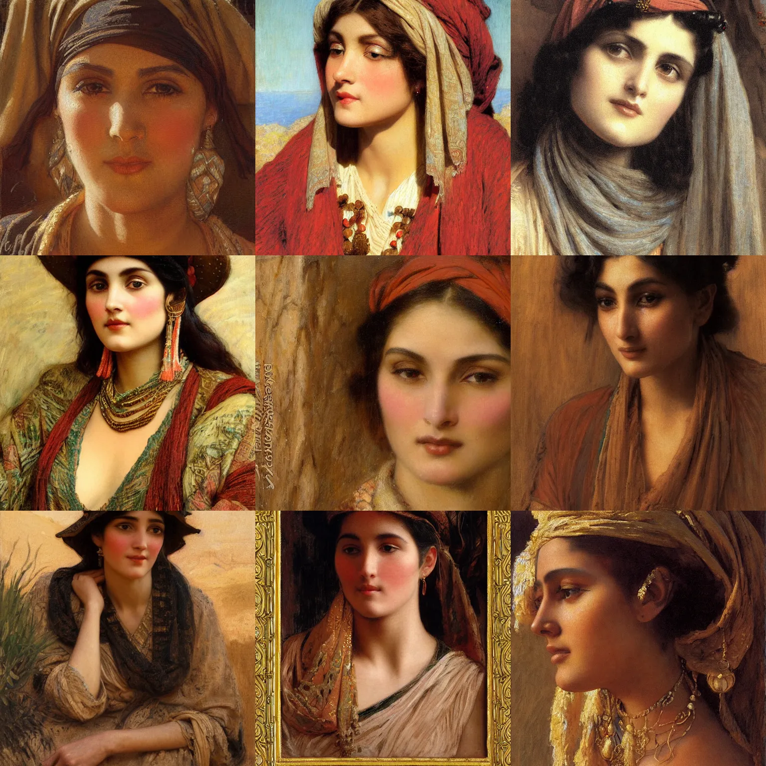 Prompt: orientalism portrait of a cute woman in the desert face detail by theodore ralli and nasreddine dinet and annie swynnerton and nikolay makovsky and edwin longsden long, masterful intricate artwork, excellent lighting, high detail 8 k