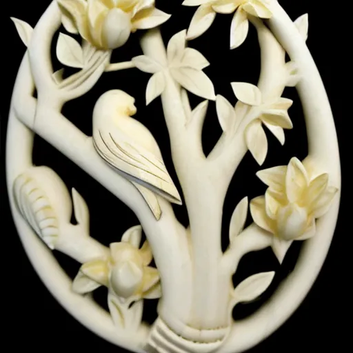 Prompt: ivory carving with birds lemons and jungle leafs