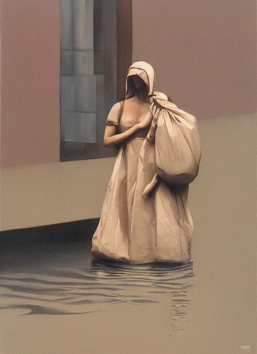 Image similar to woman dressed in plastic bags in paper bag over the head on flooded street Edward Hopper and James Gilleard, Zdzislaw Beksinski, highly detailed